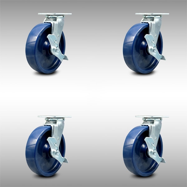 8 Inch SS Solid Poly Caster Set with Roller Bearings and Brake/Swivel Lock SCC